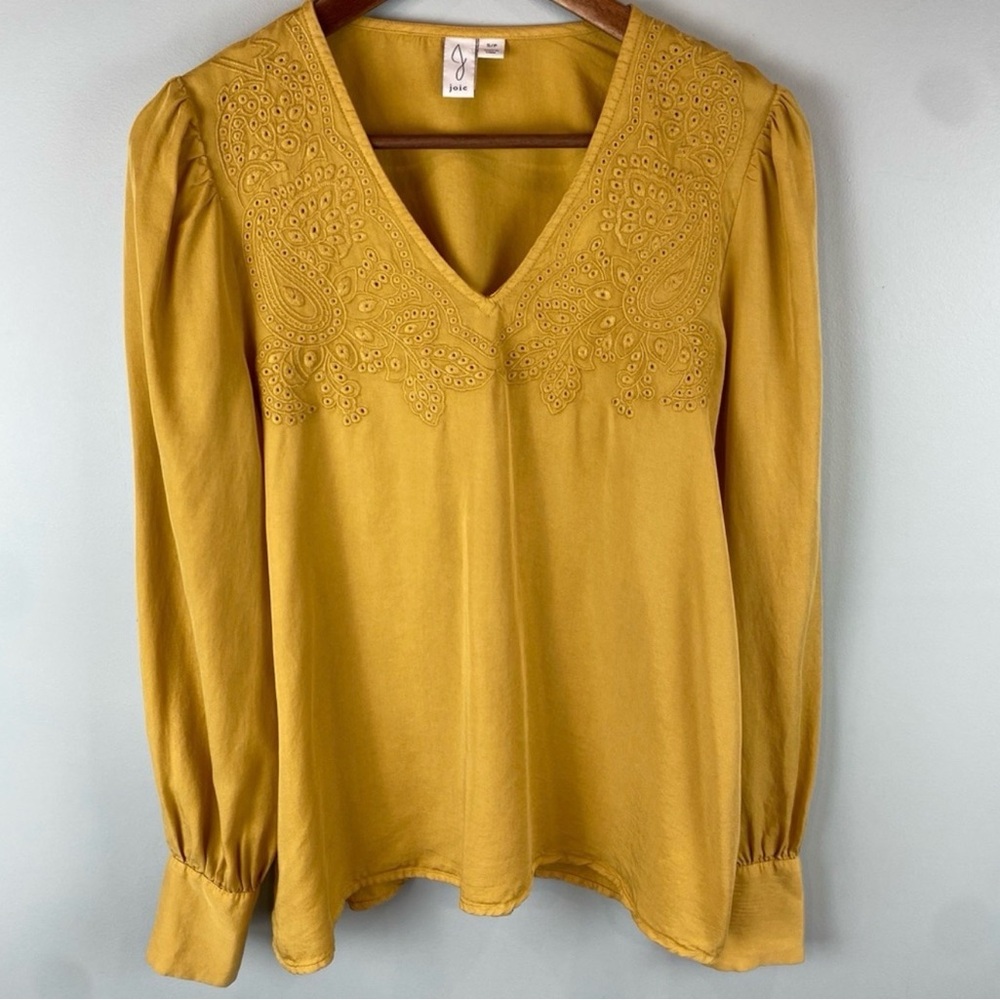 Joie Anthropologie Mustard Eyelet Embroidered Long Sleeve Blouse Size XS